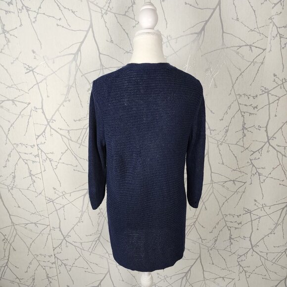 Talbots Navy 100% Linen Ribbed Knit Open Front Cardigan - Picture 3 of 6